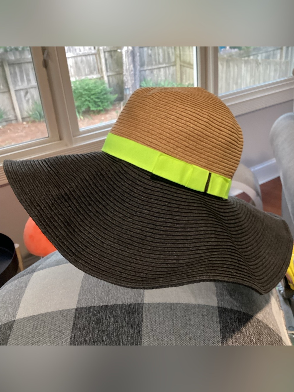 BCBG MAXAZRIA Women’s Straw Hat, Tan & Black w/Neon Green Band, Floppy Sun